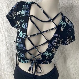 Crop Top With Graphics And Open/Tie Back